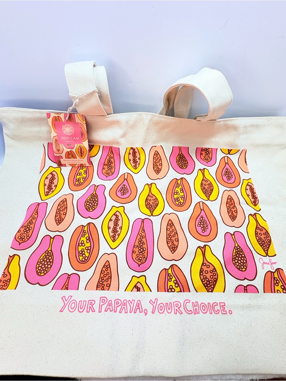 Jana Lam Canvas Papaya Print Tote in Pink & Yellow